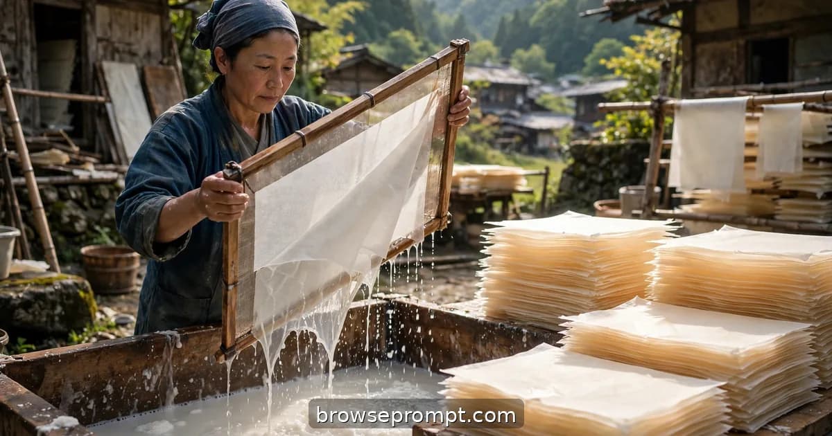 A papermaker lifts a perfect sheet of washi from a milky mulberry-bark vat, water sheeting off the bamboo screen.