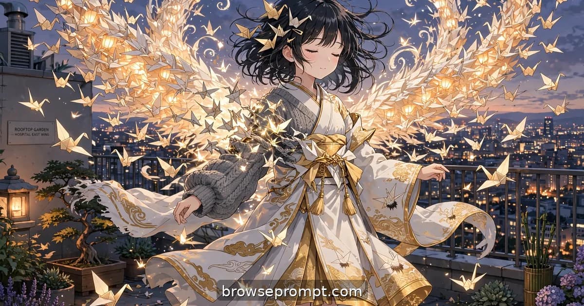 An origami artist stands amid a thousand rising paper cranes folding into wings of living paper at dusk.