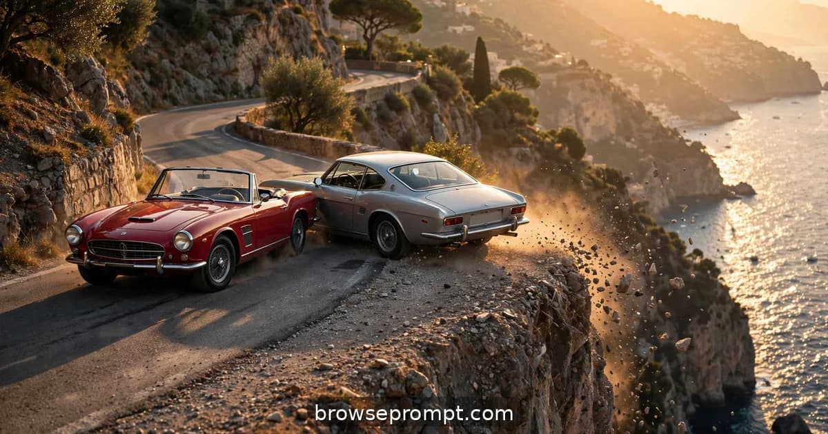 Two vintage sports cars dueling on an Amalfi cliff road above the sea, cinematic still.