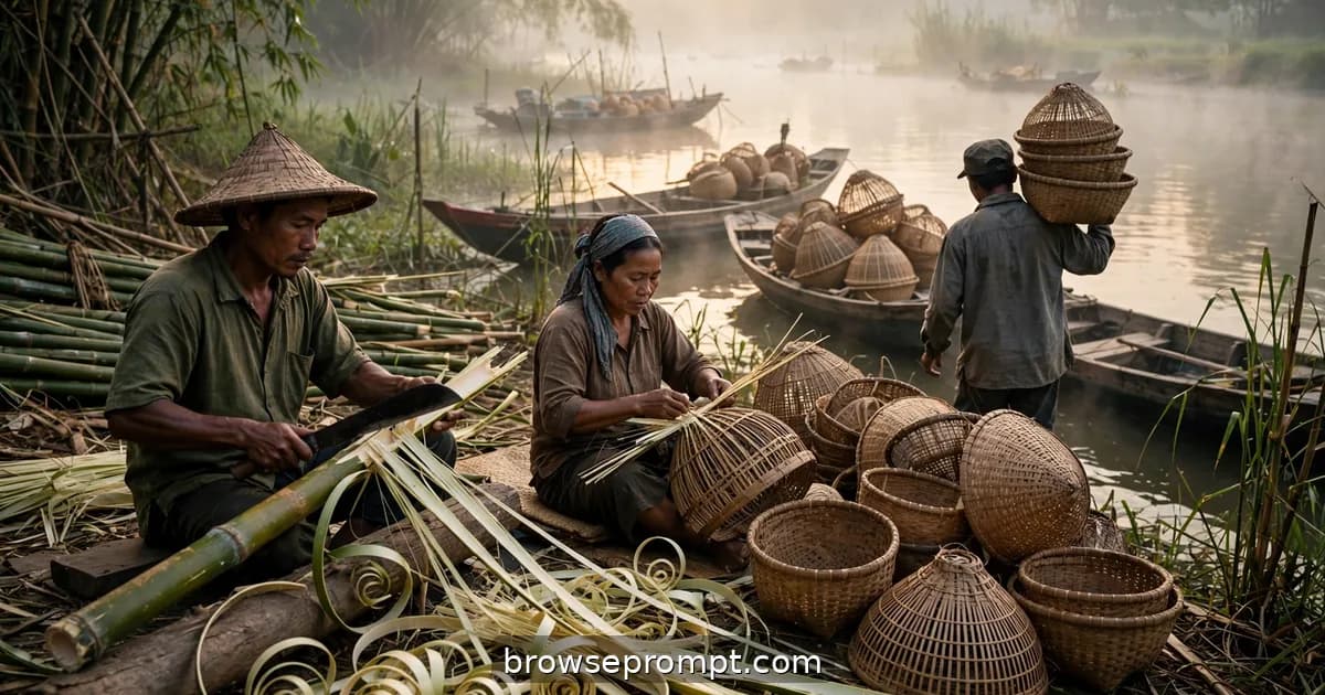 Weavers split bamboo into curling ribbons at dawn in a river delta, finished baskets stacked by the boats.