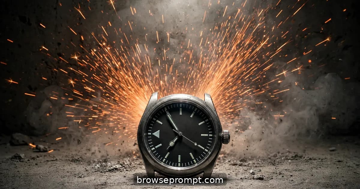A bead-blasted steel field watch chained to a concrete pillar as orange sparks rain through industrial haze.