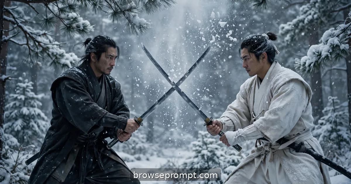 Two swordsmen dueling among snow-laden pines with powder cascading, cinematic still.