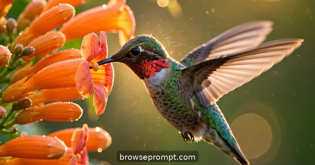 A ruby-throated hummingbird hovers at a trumpet flower, iridescent throat flashing, wings blurred in morning backlight.