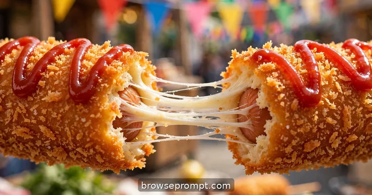 A sugar-dusted Korean corn dog pulled apart, mozzarella stretching in a long glossy ribbon, steam escaping.