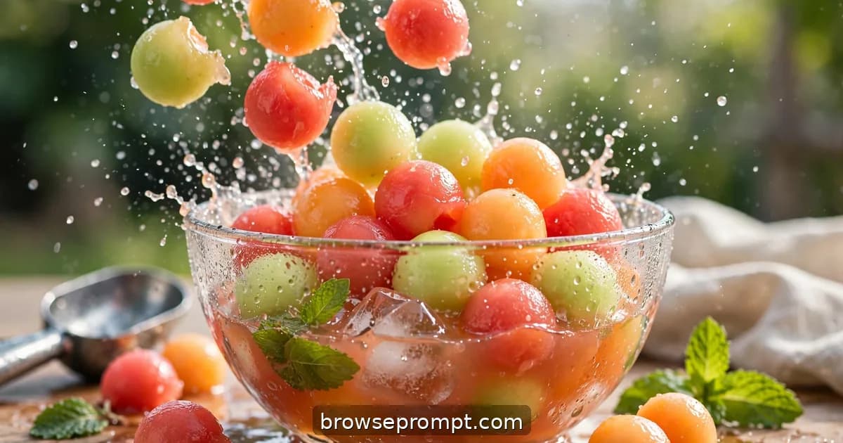 A melon baller scooping perfect spheres of cantaloupe and watermelon, tumbling into a condensation-beaded bowl.