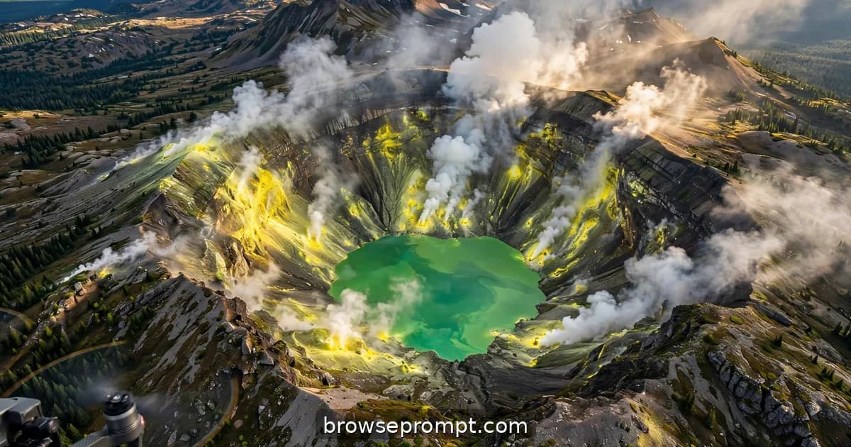 Aerial nature cover art: a drone orbits a smoking caldera, the crater lake acid-green, sulfur staining the walls yellow.