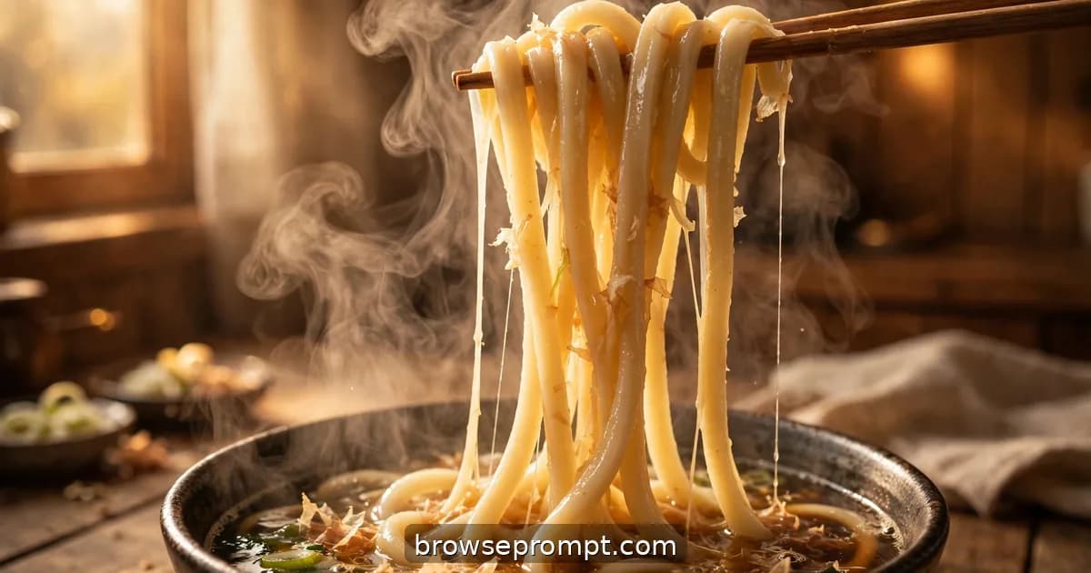 Thick udon noodles lifted from clear dashi broth, stretching and glistening in golden afternoon window light.