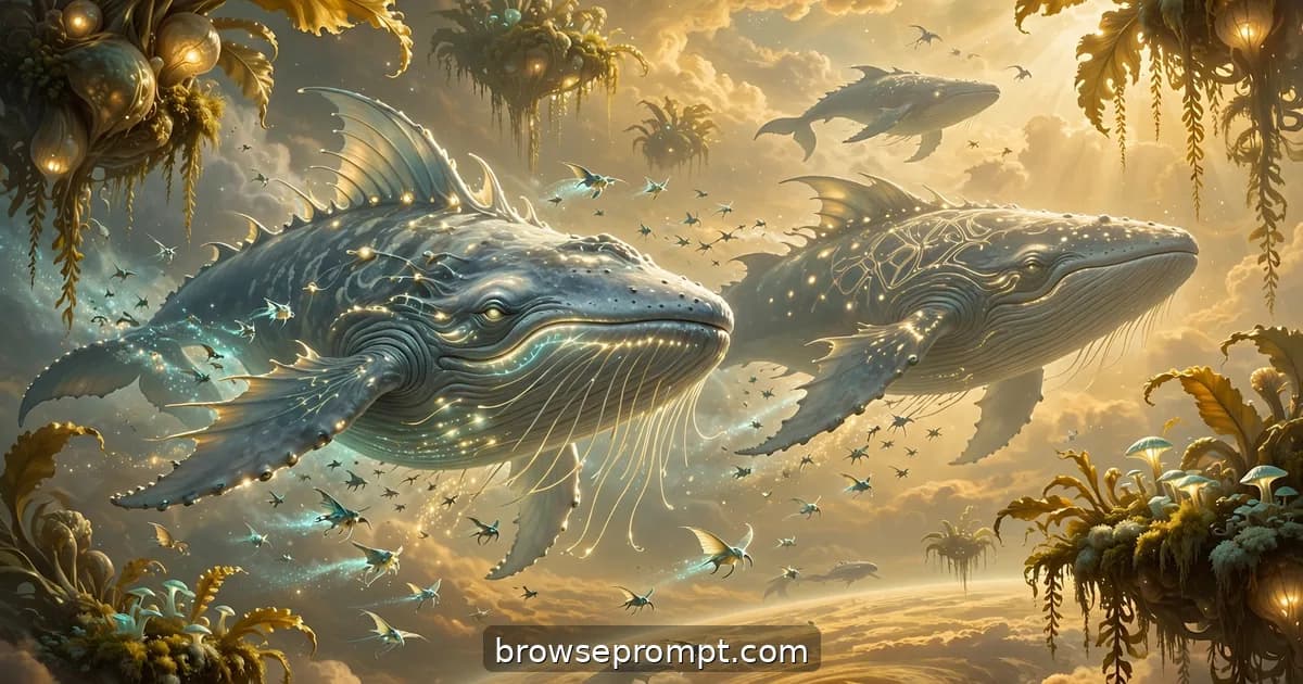 Colossal sky-whales migrating through floating kelp forests in a gas giant's upper atmosphere.