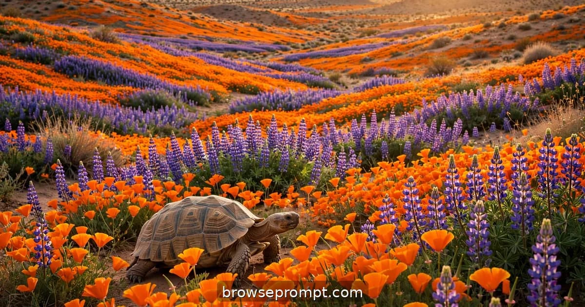 Waves of orange poppies and purple lupine blanket desert sand beneath a vast sky after rare rains.