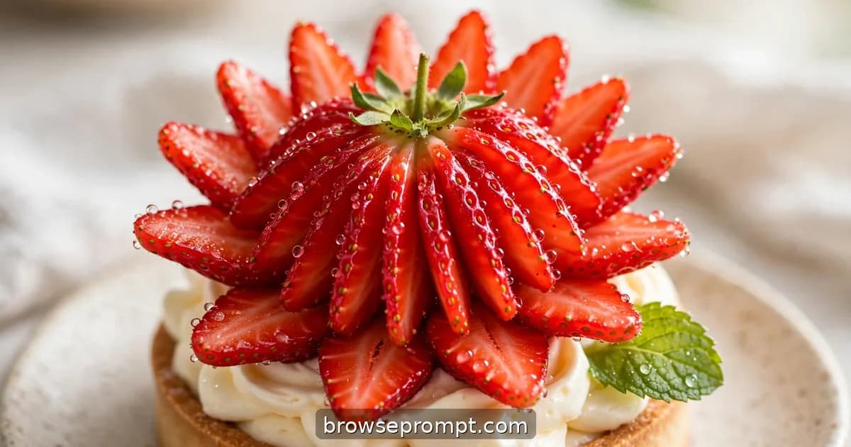 A strawberry sliced and fanned into a blossom, red flesh and seeds glinting, placed on a cream tart.