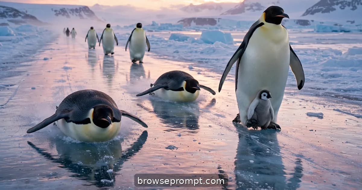 A column of emperor penguins commutes along a gleaming ice highway glowing pink and blue at polar sunrise.