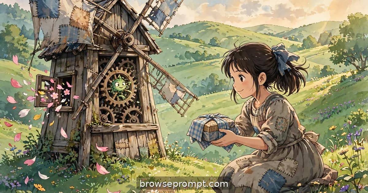 A girl shares her lunch with a small swirling wind spirit napping in the gears of an old countryside windmill.