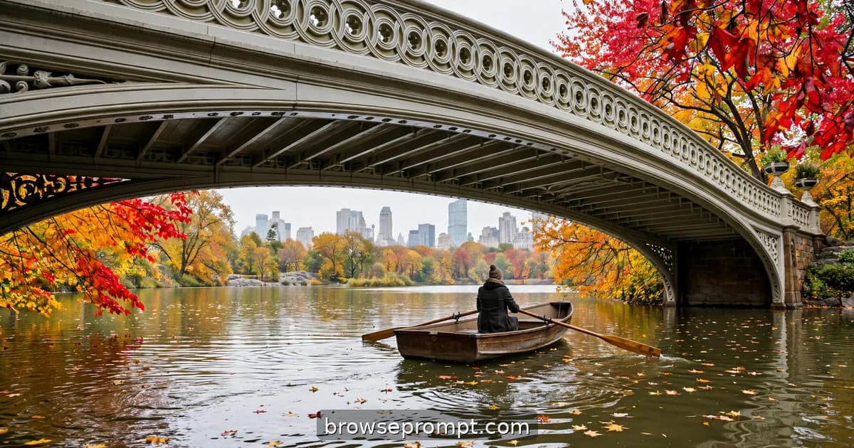 Bow Bridge framed by burning maples in Central Park with a rowboat gliding on the leaf-strewn lake.
