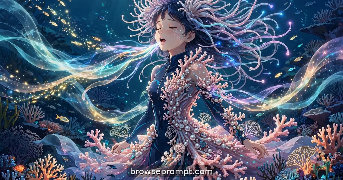 A diver presses her hand to bleached coral as waves of color bloom outward and light-ribbons pour from her.