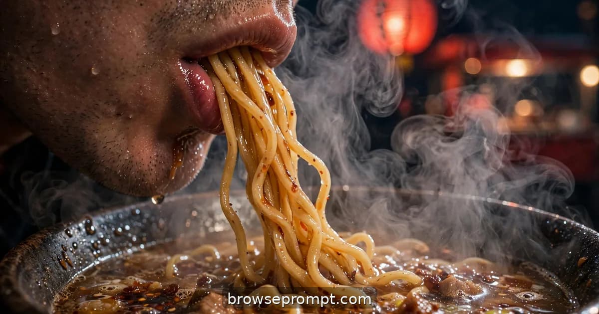 Noodles disappearing into steam at a midnight ramen cart, a red paper lantern glowing behind.