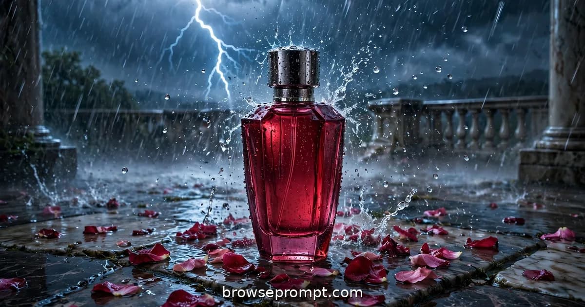 A ruby-glass rose perfume bottle standing defiant on a rain-hammered stone terrace amid storm and petals.