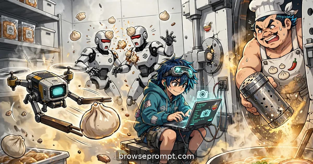 A retired sumo chef cracks a glowing vault as a drone distracts guards with flying dumplings in a food vault.