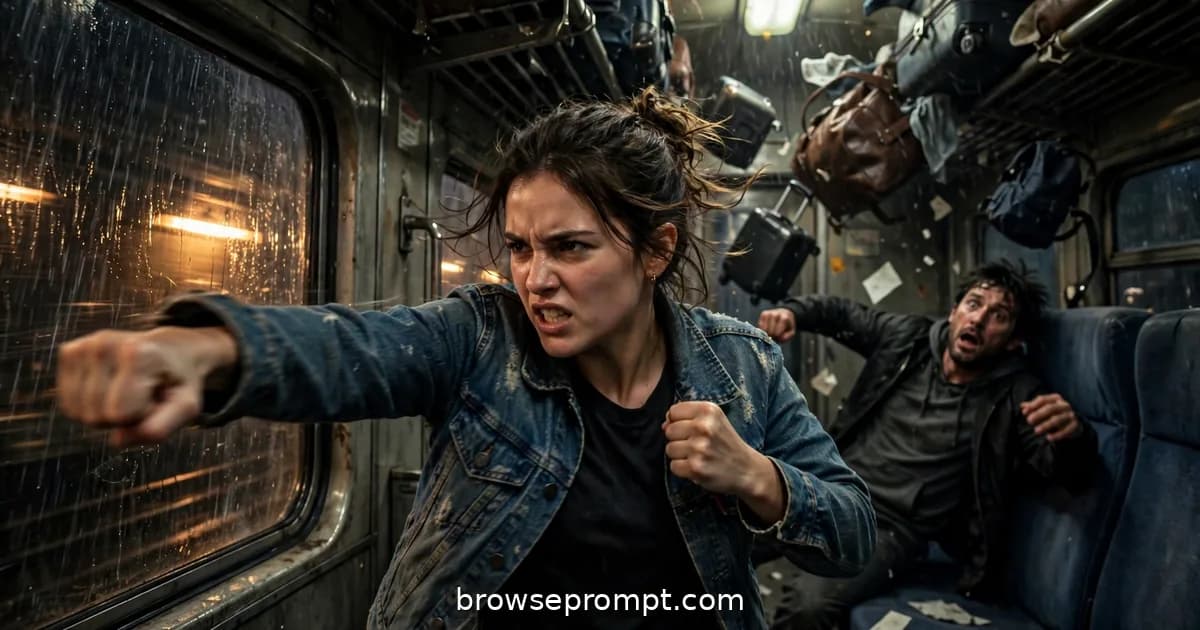 Woman fighting attackers with Wing Chun inside a speeding night train, cinematic still.
