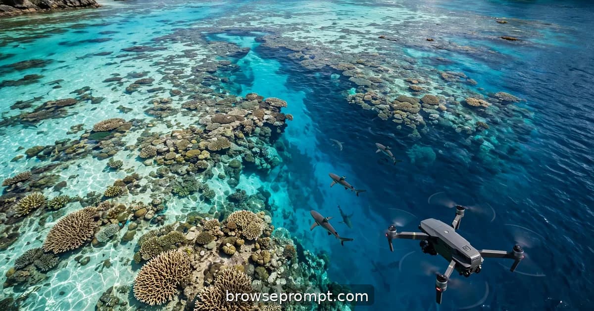 Aerial nature cover art: a drone glides over a coral reef pass where turquoise shallows drop into deep blue, sharks patrolling.