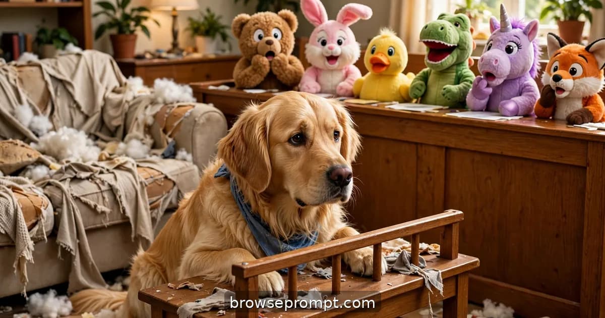 Comedic cover art: a guilty golden retriever stands trial in a living-room courtroom for destroying the couch, with a stuffed jury of his toys.