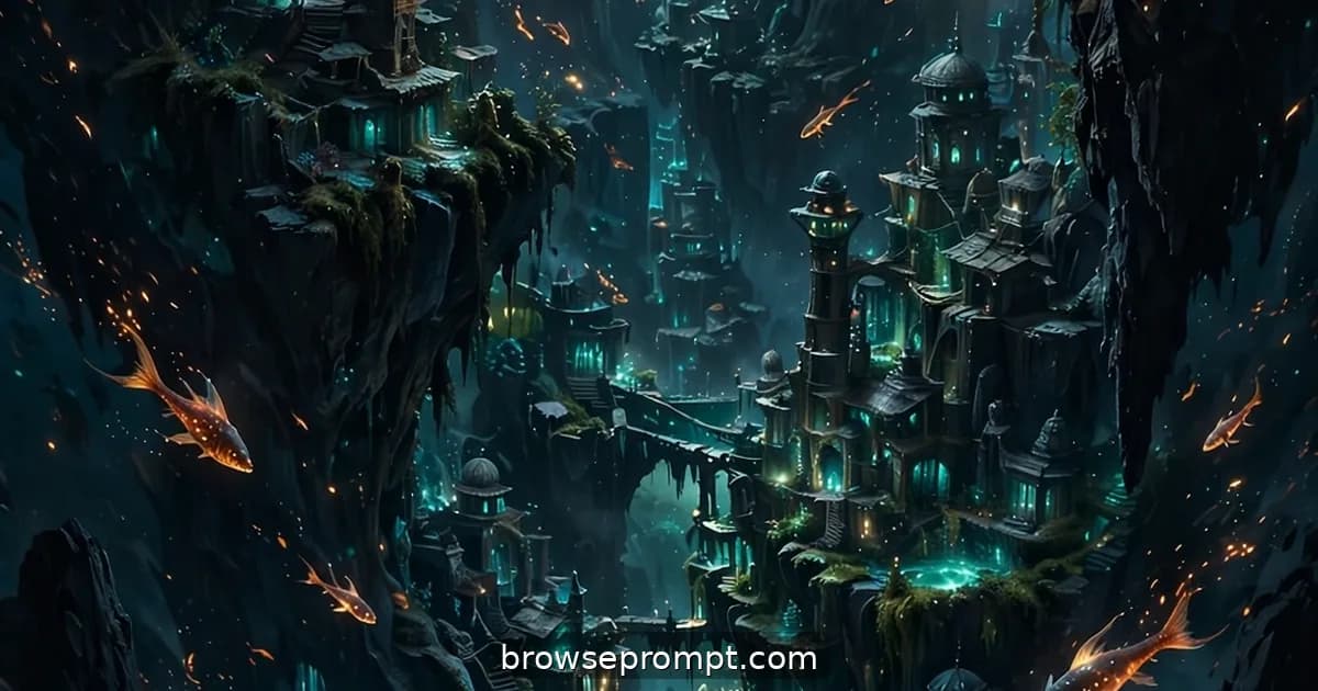 A deep-trench city glowing with bioluminescent lanterns in the lightless abyss.
