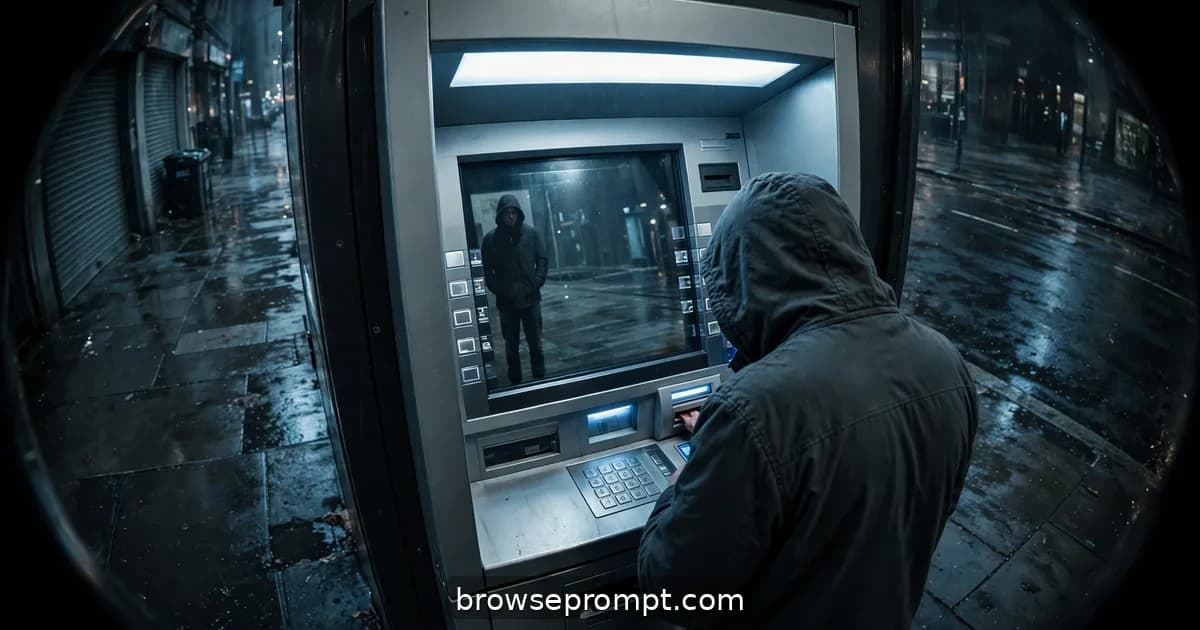 Chilling cover art of atm camera glitch with a urban paranoia made real atmosphere.