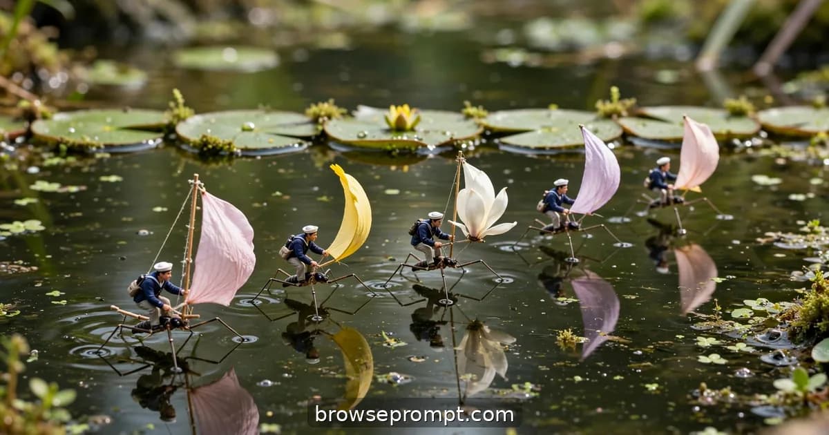 Tilt-shift photo of tiny sailors racing on pond skaters with petal sails across a mirror-calm pond.