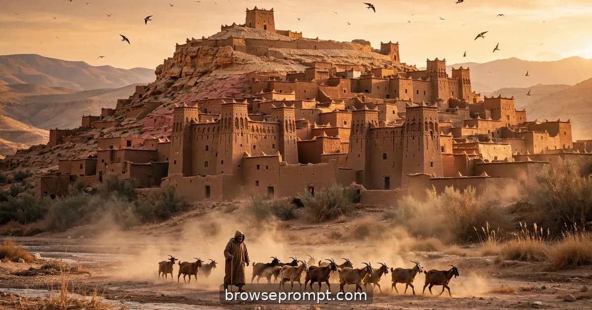 Aït Benhaddou's honey-colored earthen kasbah glowing at golden hour above a dusty riverbed.
