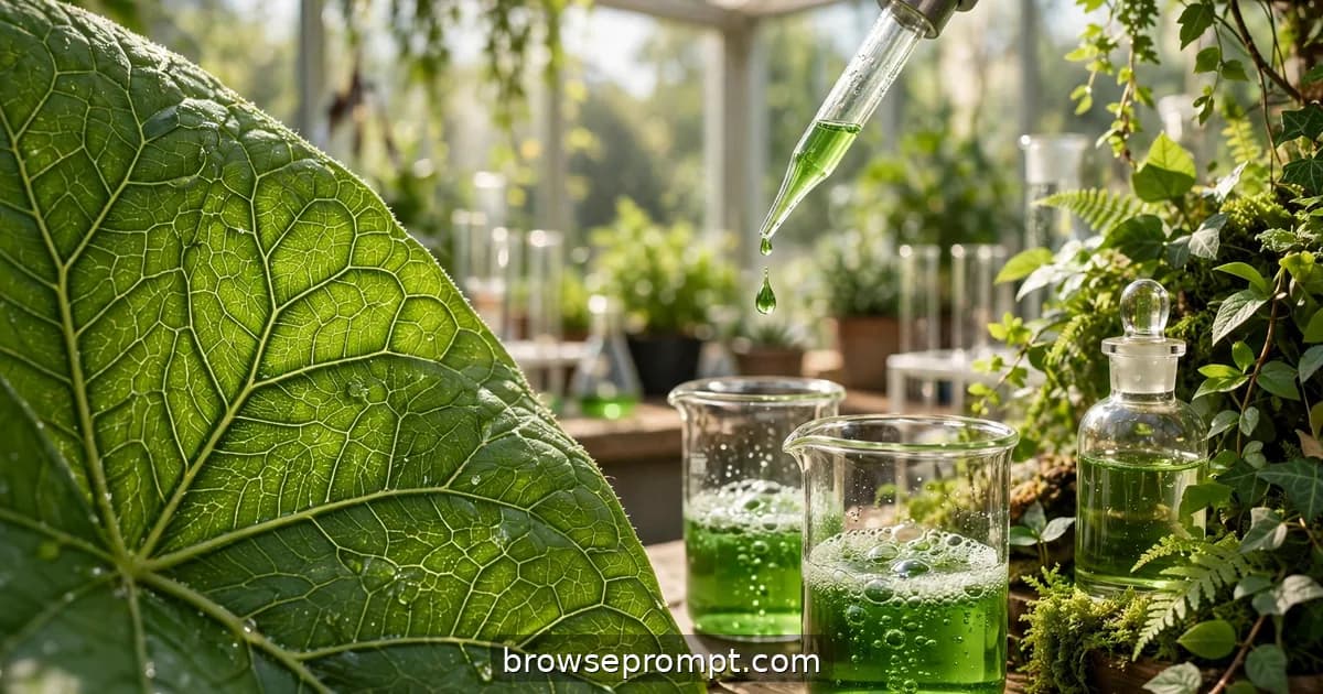 A glass pipette releasing green botanical extract over leaves in a sunlit greenhouse laboratory.