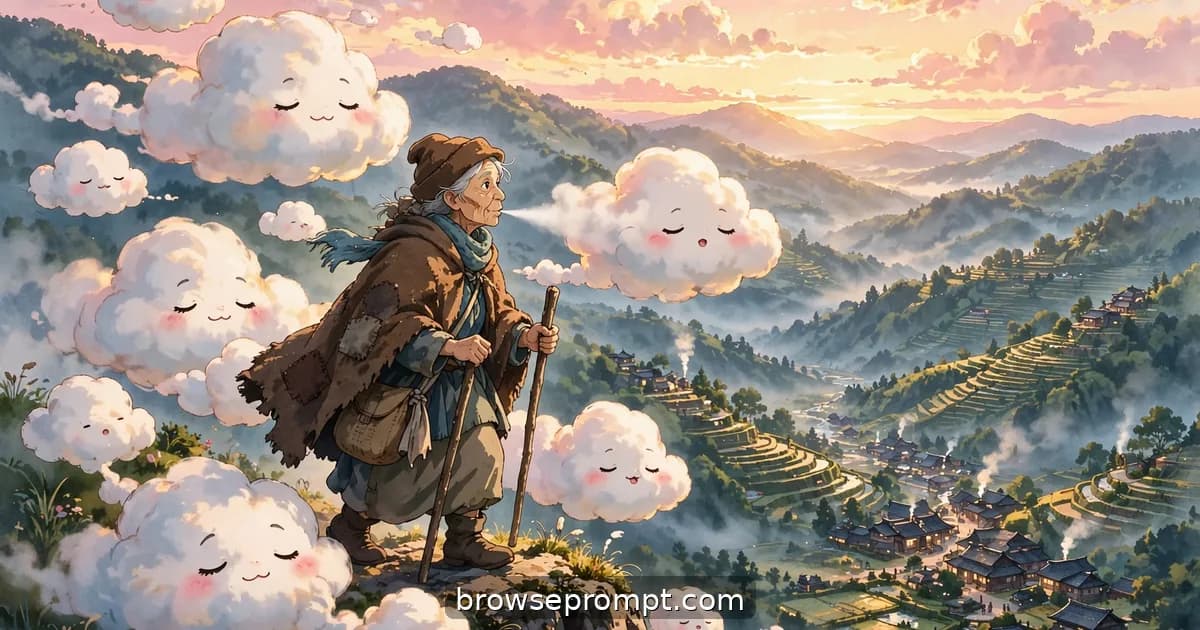 An old shepherd with a crooked staff herds sleepy-faced living clouds across a pink dawn sky above a mountain village.