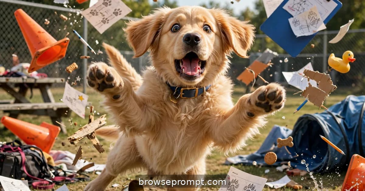 Comedic cover art: a golden retriever puppy flunks out of obedience school in spectacular fashion, failing even the final exam he invented himself.
