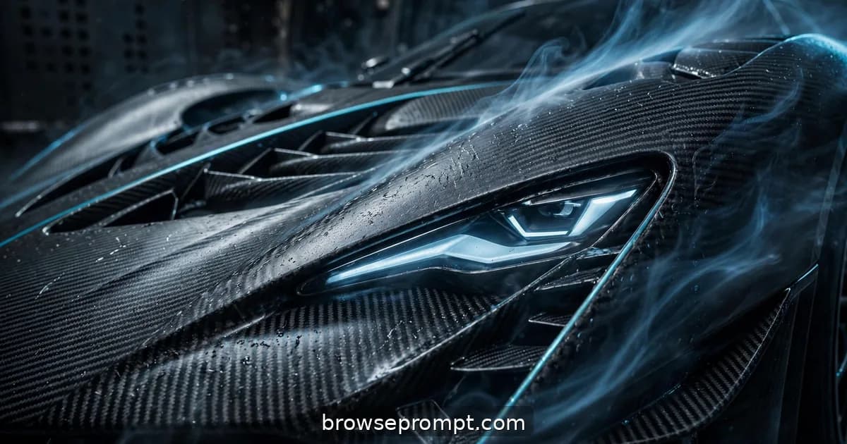 An exposed carbon-weave electric hypercar in a dark wind tunnel, vapor tracing its airflow lines.