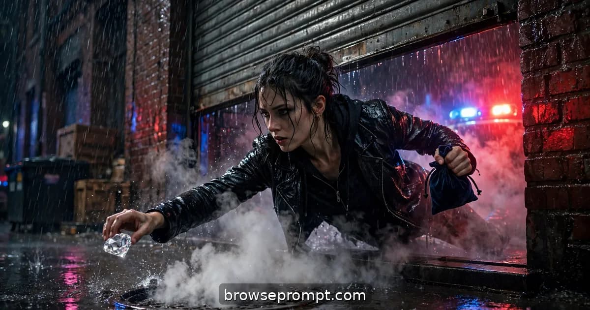 Thief sliding under a shutter in a rain-soaked alley clutching diamonds, cinematic still.