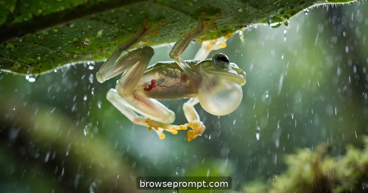 A translucent glass frog clings beneath a rainforest leaf, its tiny beating heart visible through its glowing belly.