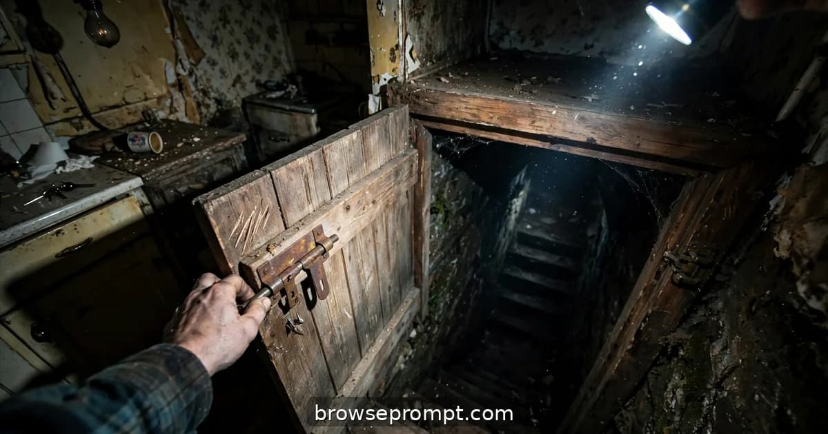 Dark cinematic still of the cellar door won't stay shut: escalating, helpless repetition, single kitchen bulb strobing out, phone-flashlight taking.