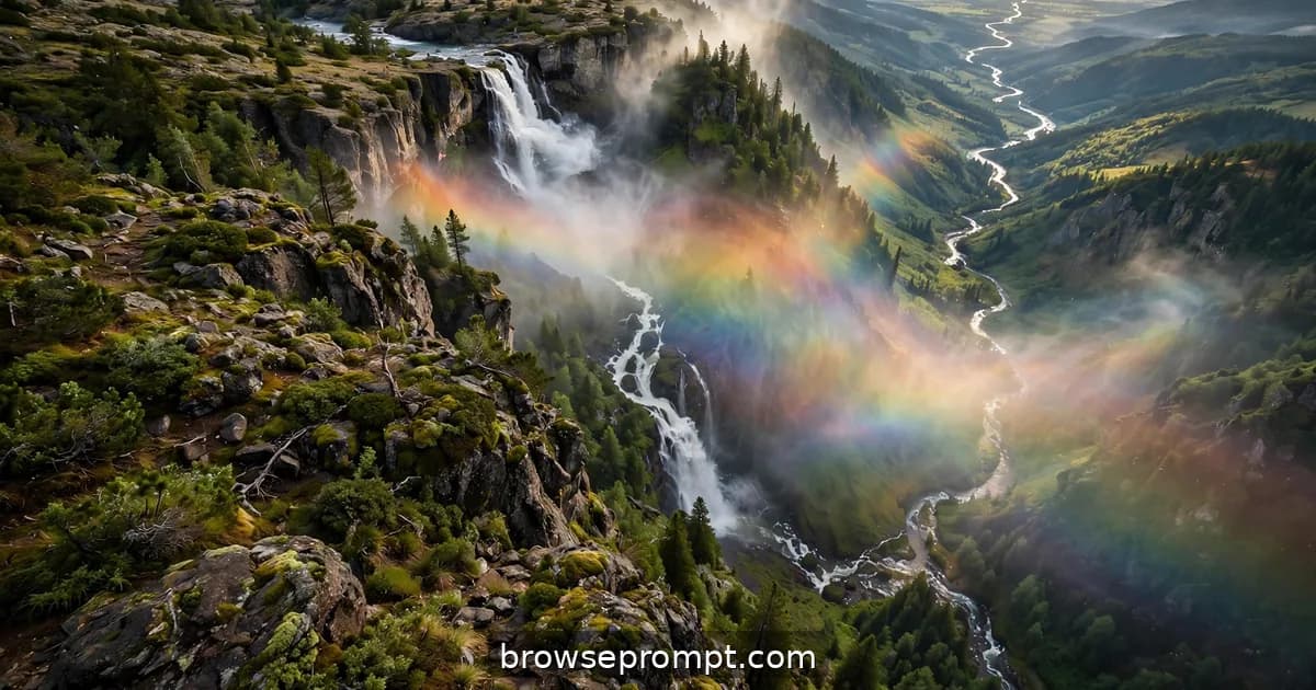 Aerial nature cover art: from above, a waterfall's spray becomes a permanent rainbow veil drifting over the gorge.