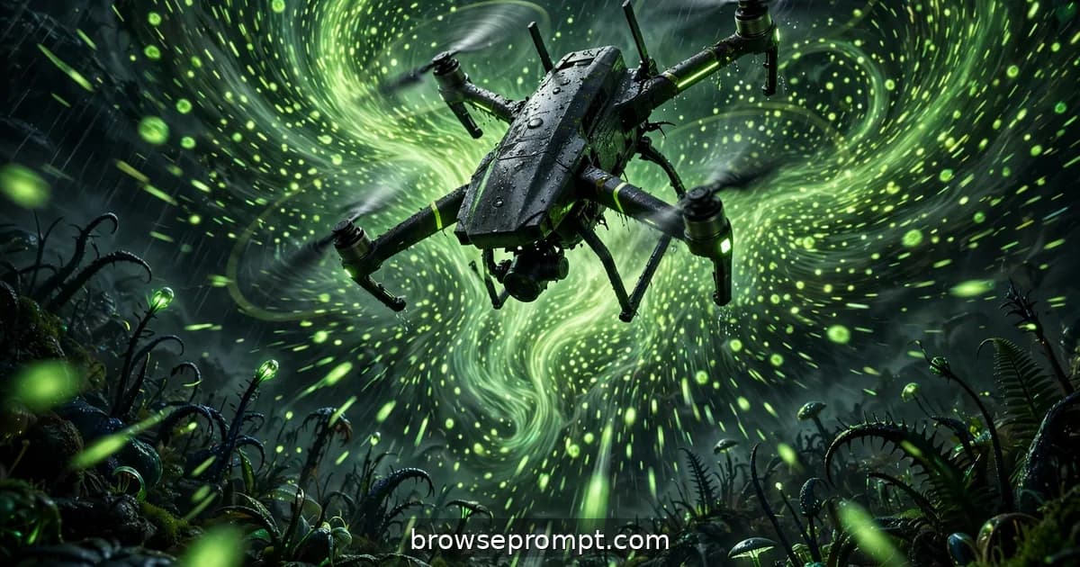 A drone flying through a night squall of glowing alien spores on a living planet.