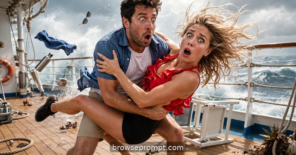 Comedic cover art: a couple takes salsa lessons on a cruise ship deck during rough seas, turning every dip into a fight against gravity.