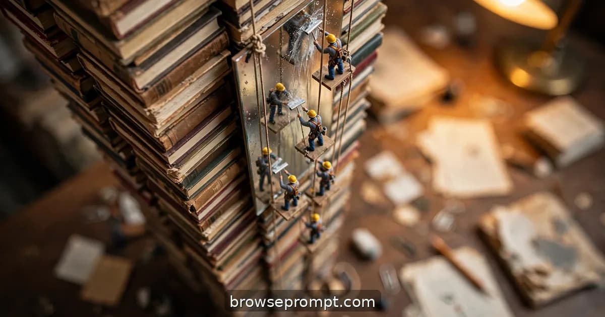 Tilt-shift photo of tiny window washers on ropes dangling down a skyscraper made of stacked books.