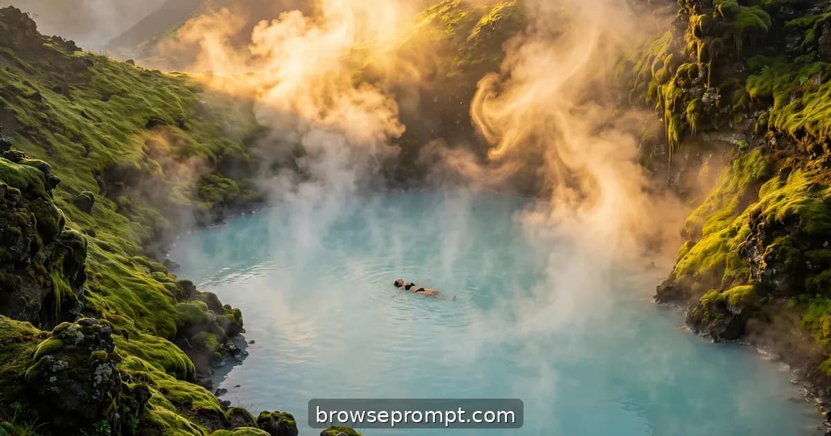 Swimmer floating in a steaming milky-turquoise crater lake beneath mossy volcanic walls in Iceland.