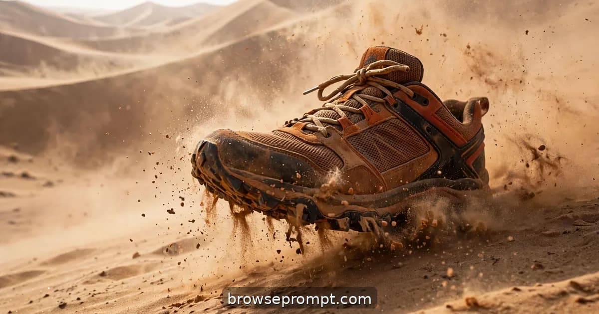 A rugged sand-and-rust trail sneaker crunching through desert sand, dust pluming in slow motion.