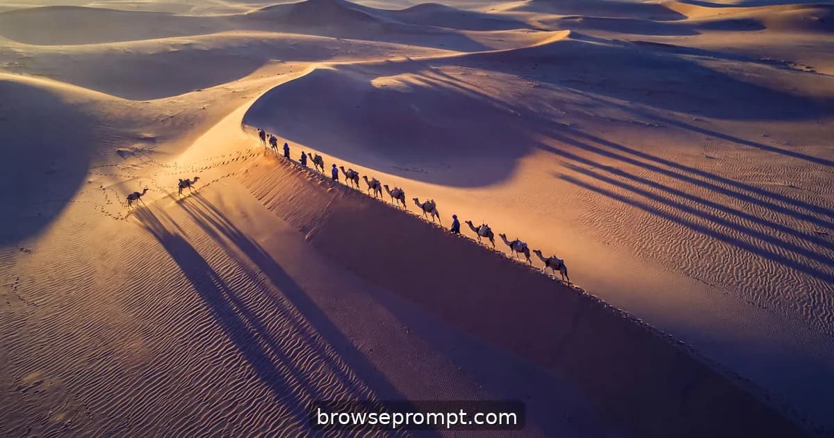 Camel caravan crossing a knife-edge Sahara dune ridge at dawn with long violet shadows.