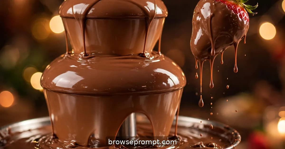 A three-tiered chocolate fountain pouring endless ribbons of milk chocolate, a dipped strawberry emerging glossy.