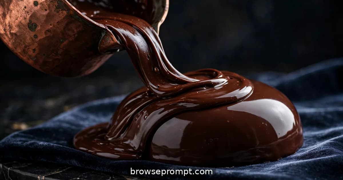 Molten dark chocolate pouring in a thick ribbon over a mirror-glazed dome cake, pooling in glossy ripples.
