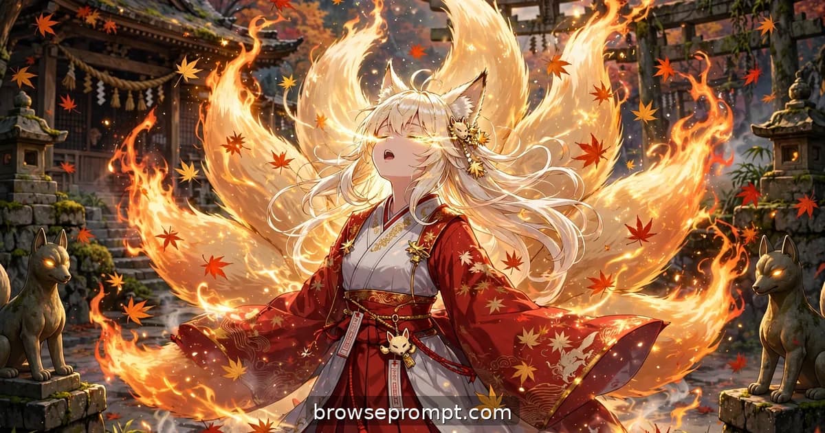 A shrine maiden wreathed in spectral flames unfurls nine blazing fox tails in an autumn shrine courtyard.