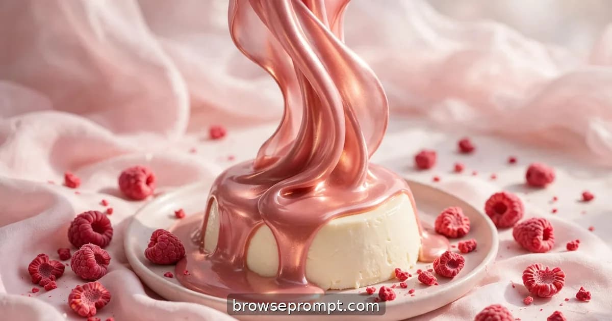 Ruby chocolate pouring in a blushing pink stream over a trembling vanilla panna cotta with raspberries.