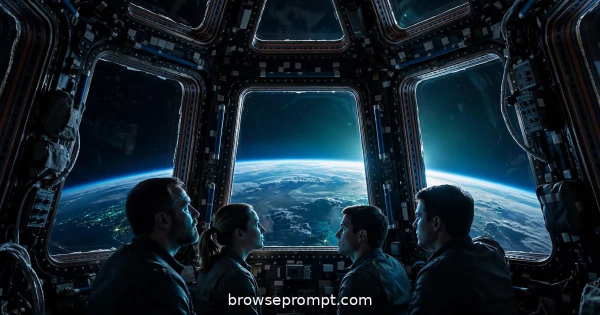 Earth rising through a space station's cupola windows as the crew gathers in silent awe.