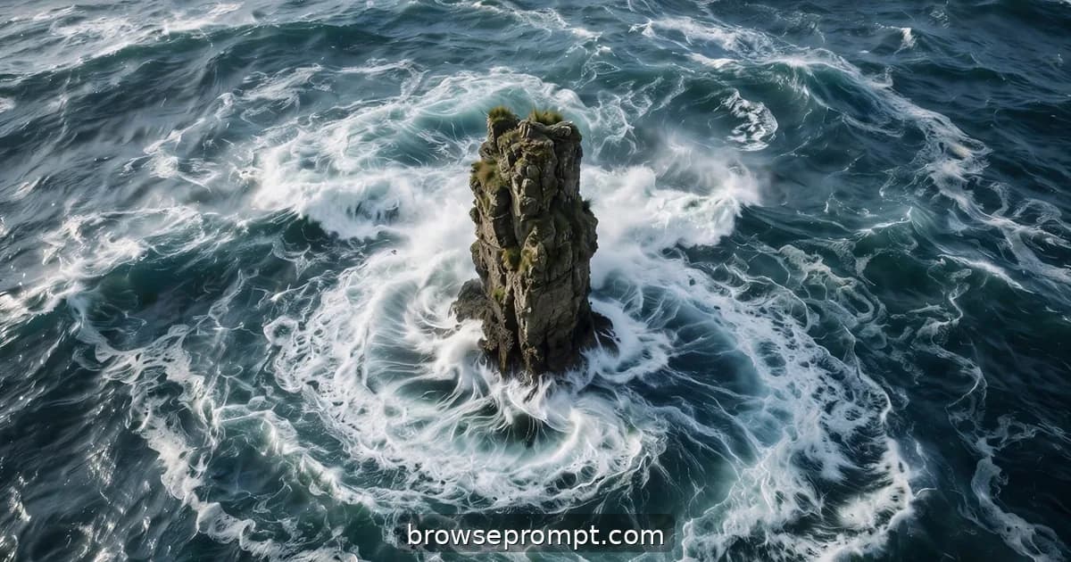 Aerial nature cover art: a lone sea stack stands in the surf as the drone orbits, waves wrapping white around its base.