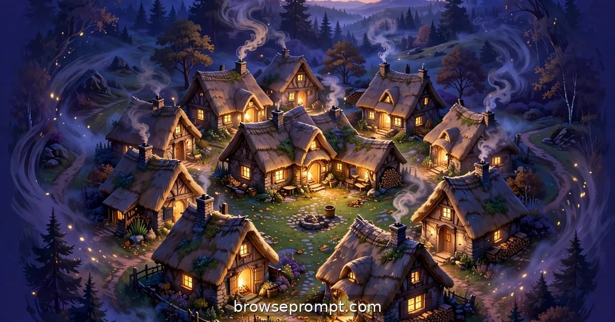 A drone orbiting a thatched hamlet at twilight as hearth fires light window by window.