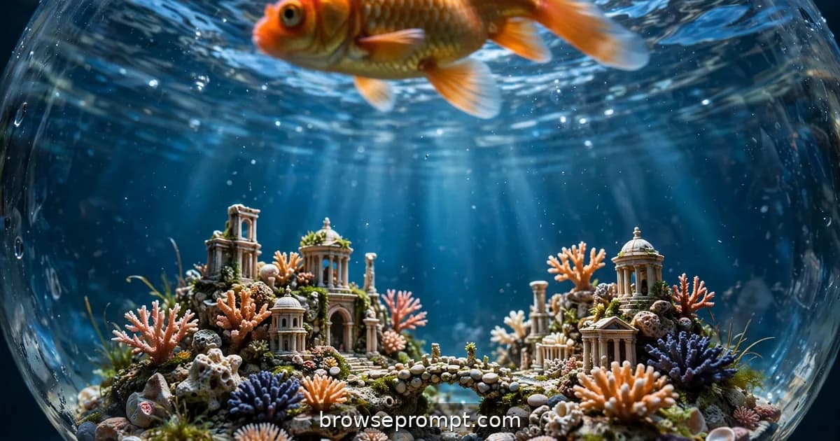 Tilt-shift photo of a tiny coral Atlantis kingdom at the bottom of a goldfish bowl.